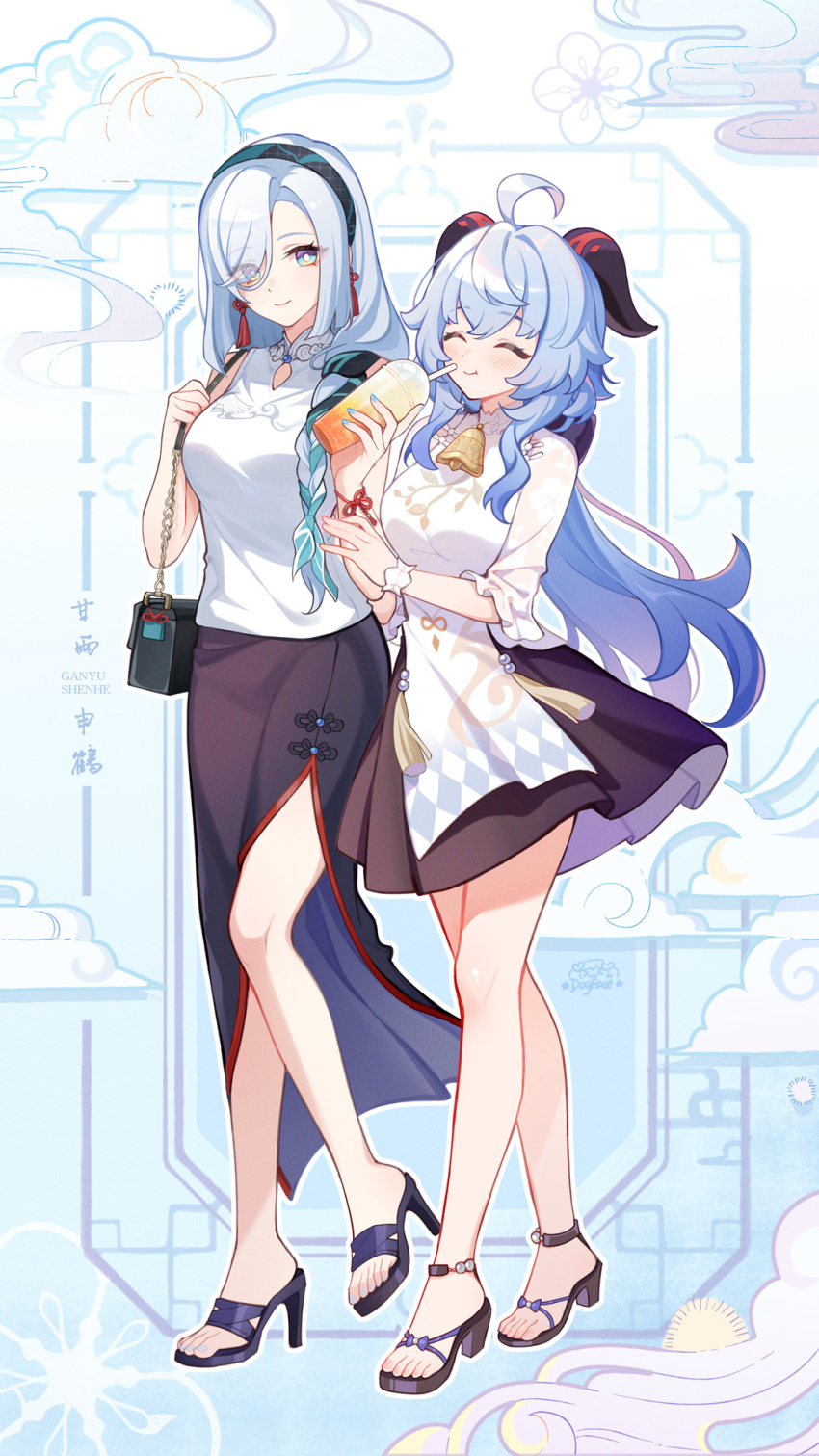 2girls :t ahoge artist_name bag bell black_hairband black_skirt blue_eyes blue_hair blue_nails bracelet braid braided_ponytail character_name closed_eyes commentary_request cup drinking_straw earrings ganyu_(genshin_impact) ganyu_(heytea)_(genshin_impact) genshin_impact goat_horns gou_lianlian_dogface hairband high_heels highres holding holding_cup horns jewelry light_blue_hair long_skirt multiple_girls neck_bell official_alternate_costume sandals shenhe_(genshin_impact) shenhe_(heytea)_(genshin_impact) shirt shoulder_bag side_slit signature skirt sleeveless sleeveless_shirt tassel tassel_earrings toes white_shirt