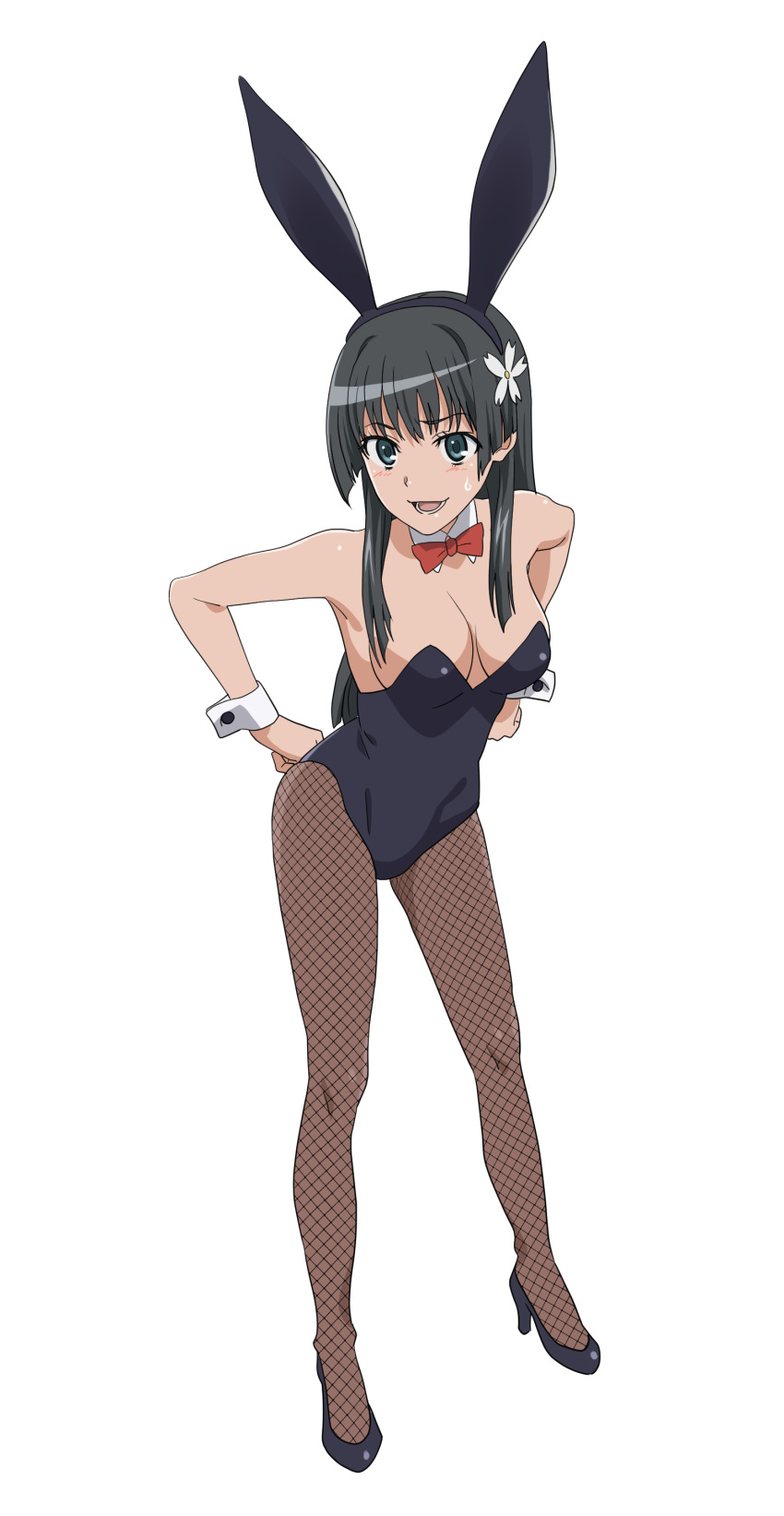 1girl :d absurdres alternate_costume animal_ears aoki_ken'ichirou black_footwear black_hair blue_eyes bow bowtie breasts check_commentary commentary commentary_request detached_collar fake_animal_ears fishnet_pantyhose fishnets full_body hands_on_own_hips high_heels highleg highleg_leotard highres large_breasts leotard long_hair open_mouth pantyhose rabbit_ears red_bow red_bowtie saten_ruiko smile solo sweatdrop toaru_kagaku_no_railgun toaru_majutsu_no_index white_wrist_cuffs