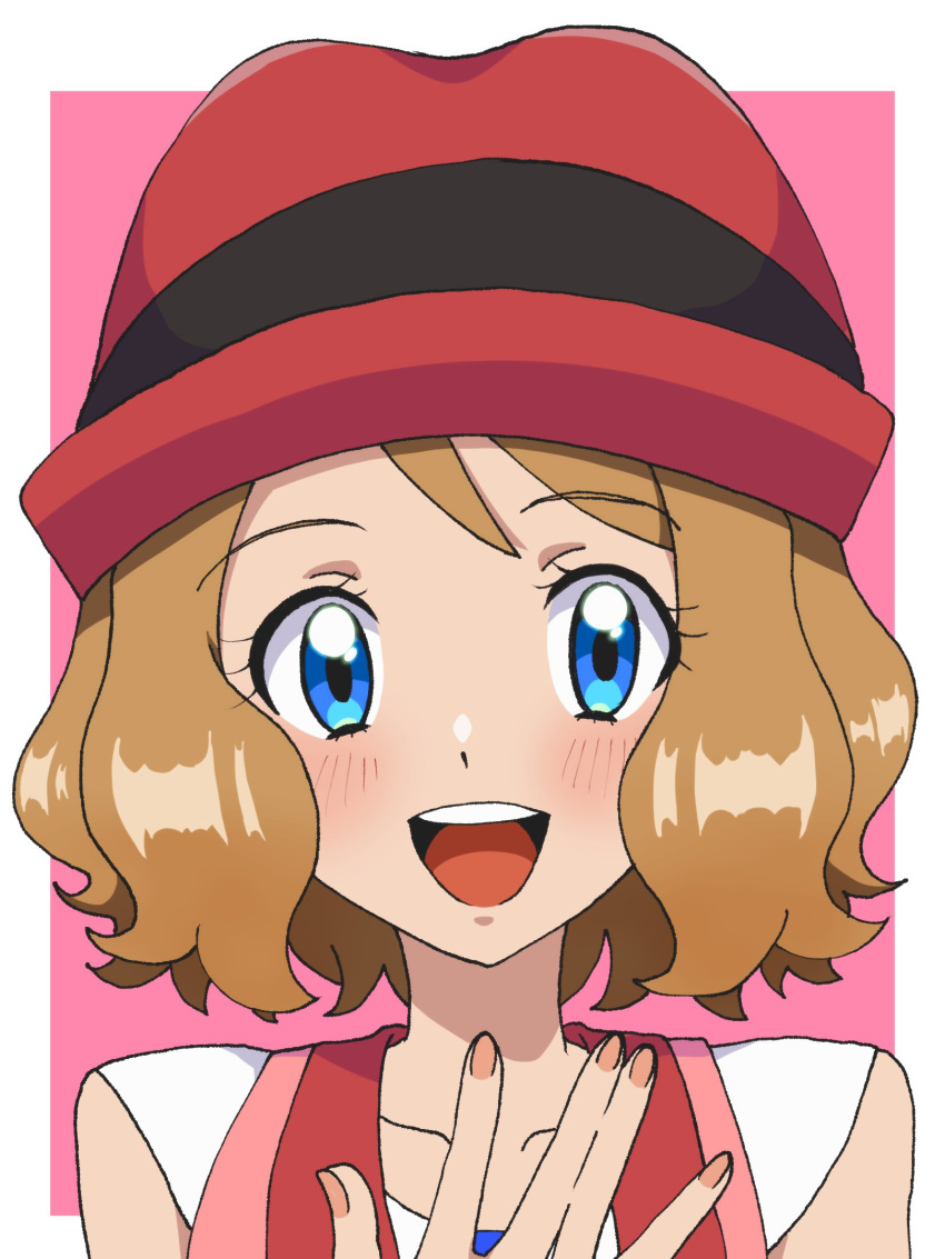 1girl :d blue_eyes blush border brown_hair collarbone commentary_request eyelashes fingernails hand_up hat highres looking_at_viewer mizu_majuu_(waterman10) open_mouth pink_background pokemon pokemon_(anime) pokemon_xy_(anime) portrait red_headwear serena_(pokemon) smile solo teeth tongue upper_teeth_only white_border