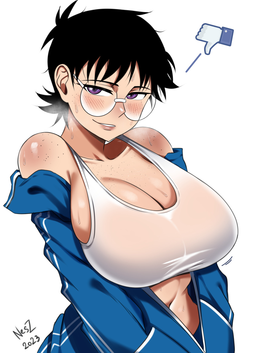 1girl absurdres black_hair blush breasts freckles heavy_breathing highres jane_(nesz) looking_at_viewer nesz_r original purple_eyes shirt short_hair signature smile sweat sweater t-shirt thumbs_down tomboy