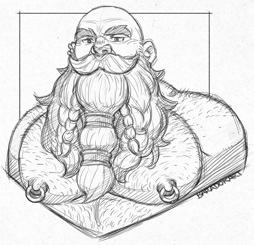 1boy abs bald bara beard braid braided_beard chest_hair cropped_torso dwarf facial_hair greyscale growlygruntz hairy highres large_pectorals long_beard looking_at_viewer male_focus monochrome muscular muscular_male mustache nipple_piercing nipple_rings nipples original pectorals piercing short_hair sideburns sketch solo stomach thick_thighs thighs topless_male