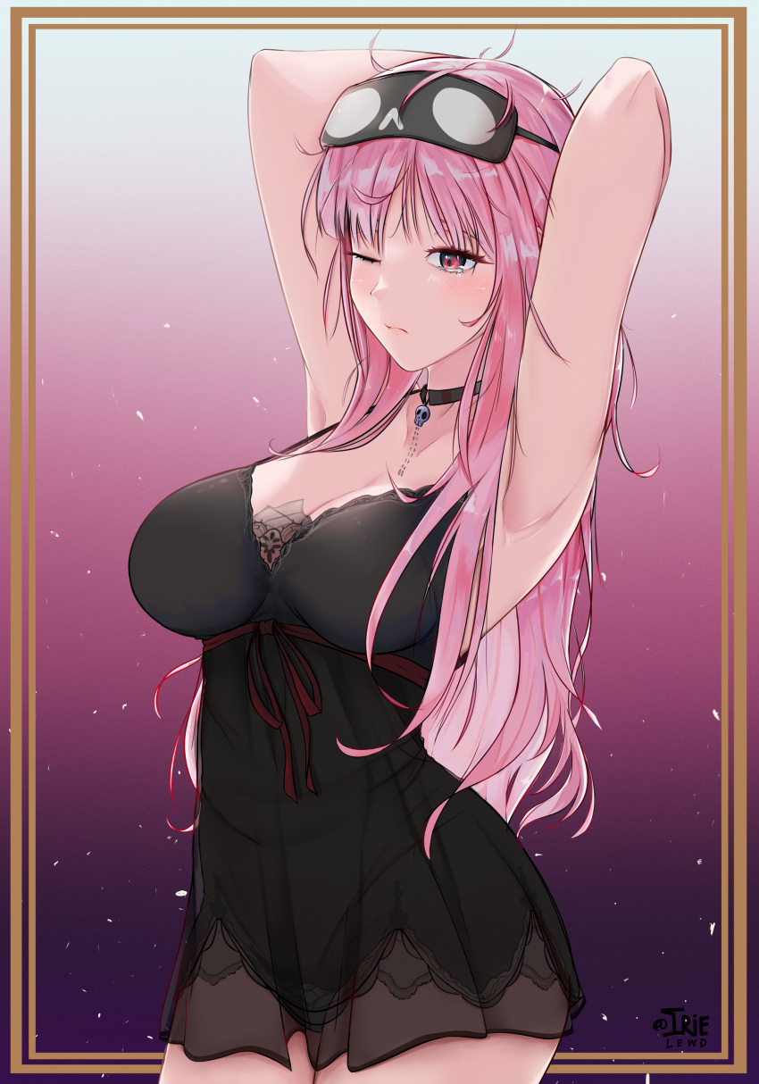 1girl absurdres armpits arms_up black_choker breasts choker cleavage commentary english_commentary highres hololive hololive_english irielewd large_breasts lingerie long_hair mask mask_on_head messy_hair mori_calliope mori_calliope_(6th_costume) nightgown official_alternate_costume one_eye_closed pink_eyes pink_hair red_eyes see-through sleep_mask sleepwear solo stretching underwear virtual_youtuber