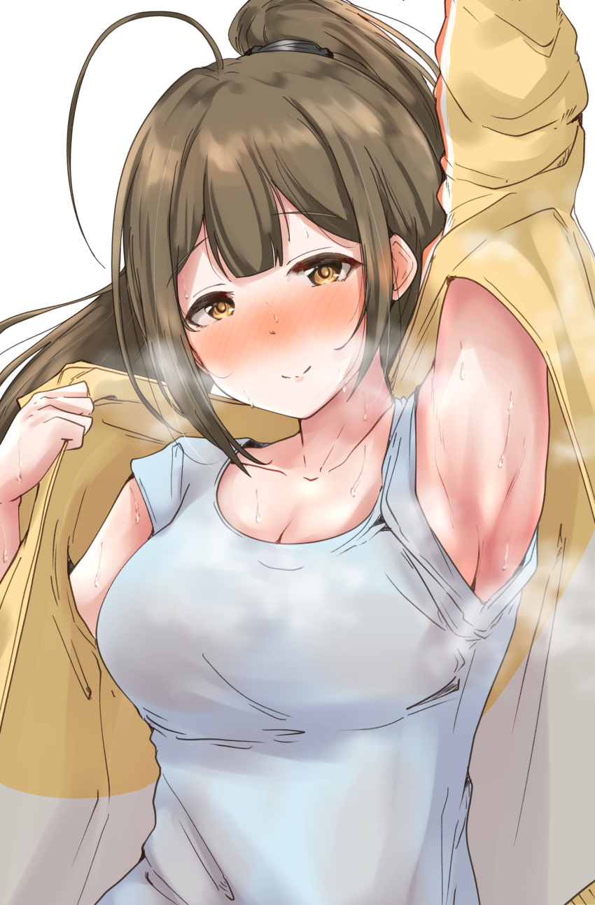 1girl ahoge arm_up armpits black_bow blush bow breasts brown_eyes brown_hair cleavage closed_mouth clothes_pull collarbone dot_nose hair_bow highres idolmaster idolmaster_shiny_colors jacket kuwayama_chiyuki large_breasts long_hair looking_at_viewer machismo_fuji multicolored_clothes multicolored_jacket open_clothes open_jacket ponytail simple_background smile solo steam sweat tank_top track_jacket two-tone_jacket upper_body white_background white_tank_top