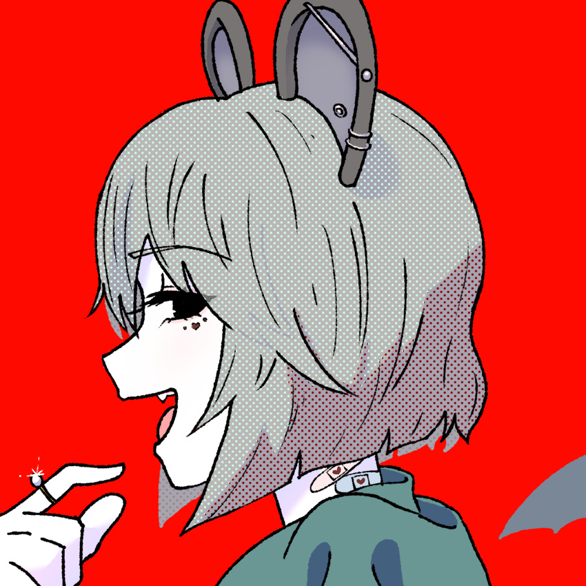 1girl alternate_form animal_ears bandaid bandaid_on_neck black_eyes colored_skin commentary_request cookie_(touhou) ear_bar earrings facial_mark fang glint grey_hair hair_between_eyes heart heart_facial_mark highres jewelry looking_at_viewer looking_to_the_side medium_bangs mouse_ears mouse_girl nazrin nyon_(cookie) open_mouth portrait profile psychic_parrot red_background ring short_hair simple_background smile solo touhou vampire_(vocaloid) vocaloid white_skin