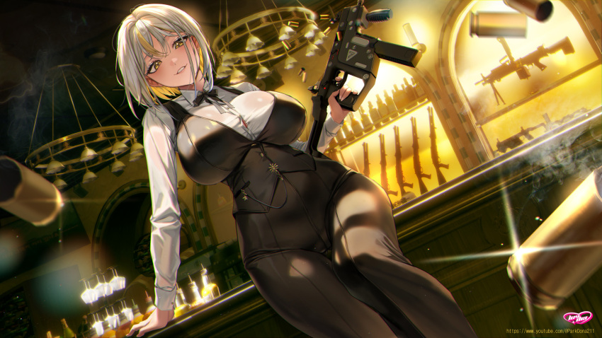 1girl alcohol bar_(place) barrel black_pants black_ribbon black_vest blonde_hair breasts chandelier cup gun highres holding holding_gun holding_weapon indoors large_breasts long_sleeves luvdia multicolored_hair neck_ribbon official_art pants park_dona parted_lips pinkmill ribbon shell_casing short_hair shotgun smoke sparkle vest virtual_youtuber weapon white_hair yellow_eyes
