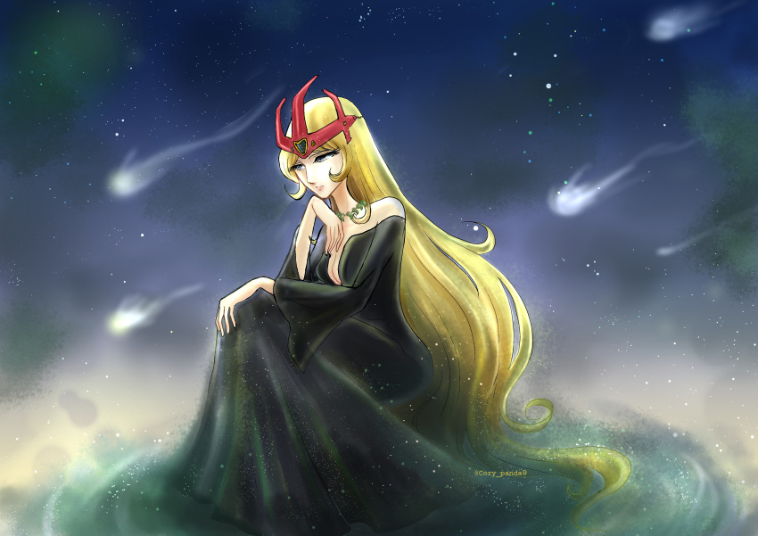 1970s_(style) 1980s_(style) 1girl absurdres alien blonde_hair comet commentary_request crown dress highres jewelry long_hair matsumoto_leiji_(style) nebula necklace official_style retro_artstyle sad science_fiction serious shin_taketori_monogatari_sennen_joou signature sitting space starry_background user_mtta5828 yukino_yayoi