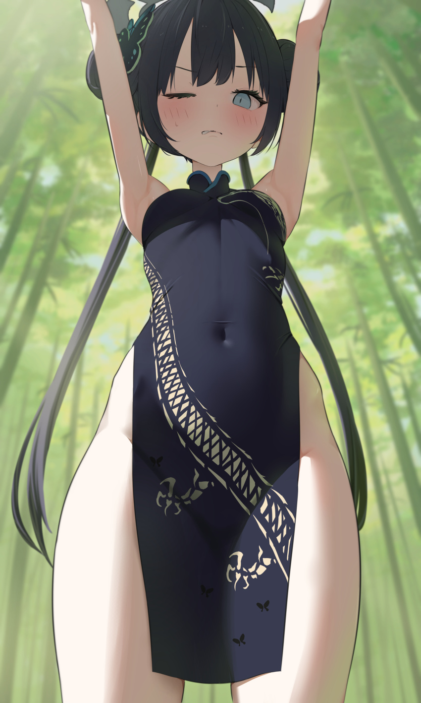 1girl absurdres arms_up bamboo bamboo_forest bananafish1111 black_dress blue_archive blue_eyes blush breasts butterfly_hair_ornament china_dress chinese_clothes covered_navel double_bun dress forest hair_bun hair_ornament highres kisaki_(blue_archive) long_hair nature no_panties one_eye_closed small_breasts solo standing twintails