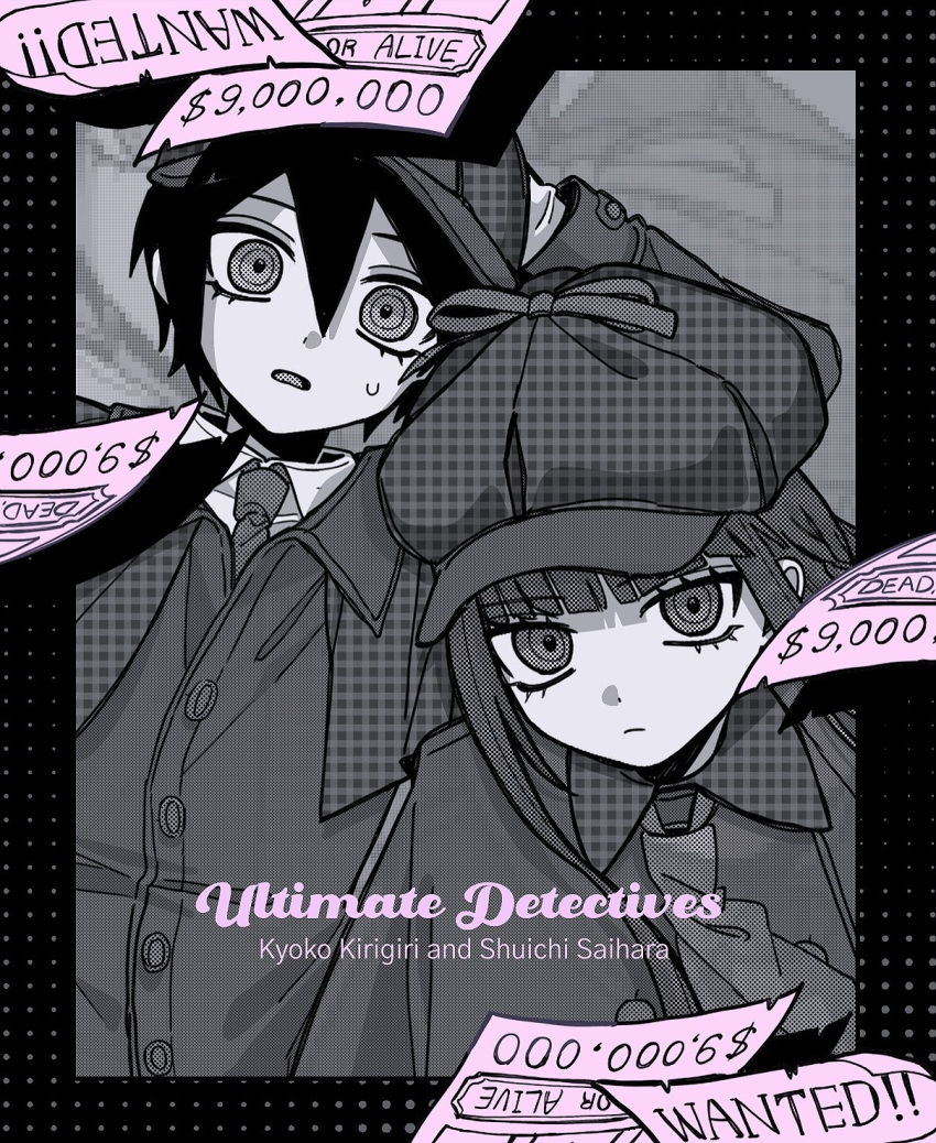 1boy 1girl buttons character_name closed_mouth collared_shirt d: danganronpa:_trigger_happy_havoc danganronpa_(series) danganronpa_v3:_killing_harmony deerstalker detective english_text greyscale hair_between_eyes hat highres jacket kirigiri_kyoko long_hair looking_at_viewer monochrome necktie open_mouth pisapipi plaid plaid_headwear plaid_shirt saihara_shuichi shirt short_hair sweatdrop wanted