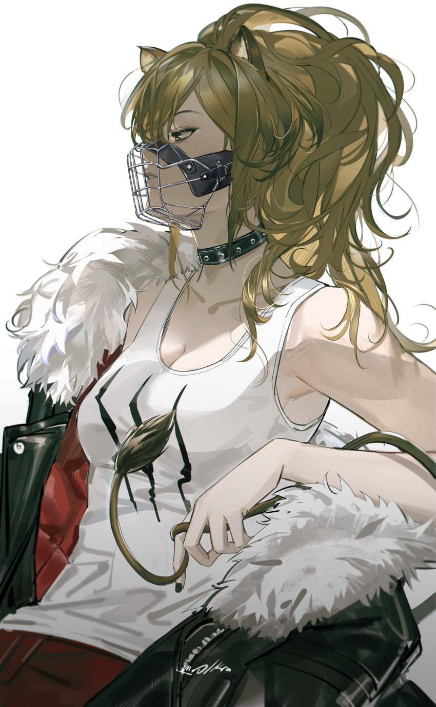 1girl animal_ear_fluff animal_ears arknights bare_shoulders black_collar black_jacket breasts brown_hair cleavage collar collarbone commentary_request fur-trimmed_jacket fur_trim highres jacket kra_(yklazy) lion_ears lion_girl lion_tail long_hair medium_breasts muzzle ponytail red_shorts shorts siege_(arknights) simple_background solo tail tank_top white_background white_tank_top