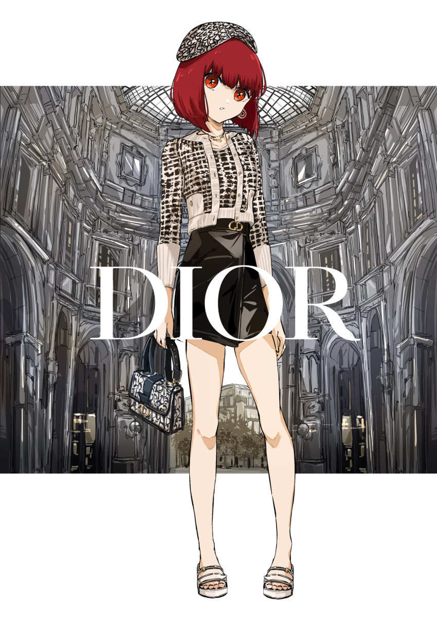 1girl arima_kana bag bare_legs black_skirt dior fashion handbag hat highres holding holding_bag looking_at_viewer open_mouth oshi_no_ko red_eyes red_hair skirt solo solo_focus t.k.c white_footwear