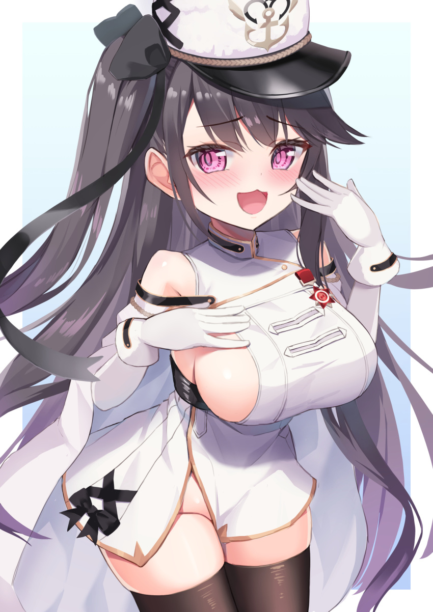 1girl :d anchor_print azur_lane bare_shoulders black_ribbon breasts brown_hair detached_sleeves dress gloves groin hair_ribbon hand_on_own_chest hand_to_own_mouth hands_up hat highres humo large_breasts leaning_forward long_hair looking_at_viewer no_bra no_panties pamiat_merkuria_(azur_lane) pink_eyes purple_eyes retrofit_(azur_lane) ribbon side_ponytail sideboob skindentation smile smug solo thighhighs thighs very_long_hair white_dress white_gloves