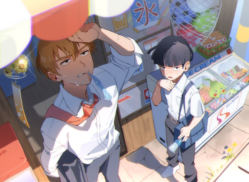 2boys ball belt black_belt black_pants bottle bowl_cut breast_pocket closed_mouth collared_shirt cooler crack cracked_floor ekubo_(mob_psycho_100) flower food highres holding holding_bottle holding_clothes holding_jacket ice_cream jacket kageyama_shigeo male_focus mob_psycho_100 multiple_boys net open_mouth outdoors pants pocket poster_(object) reigen_arataka shirt sidewalk soccer_ball storefront summer sweat white_footwear white_shirt wind_chime wiping_forehead yellow_flower zikko_100