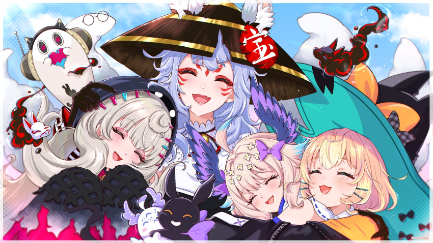 ahoge aloupeep_(enna_alouette) closed_eyes enna_alouette enna_alouette_(1st_costume) ethyria extra_ears eyeshadow facial_mark forehead_mark fox_girl grey_hair group_hug head_wings highres hug long_hair low_twintails lucie_(millie_parfait) makeup millie_parfait millie_parfait_(1st_costume) mugimugigo nijisanji nijisanji_en nina_kosaka nina_kosaka_(1st_costume) poppi_(reimu_endou) purple_wings red_eyeshadow reimu_endou reimu_endou_(1st_costume) twintails virtual_youtuber wings