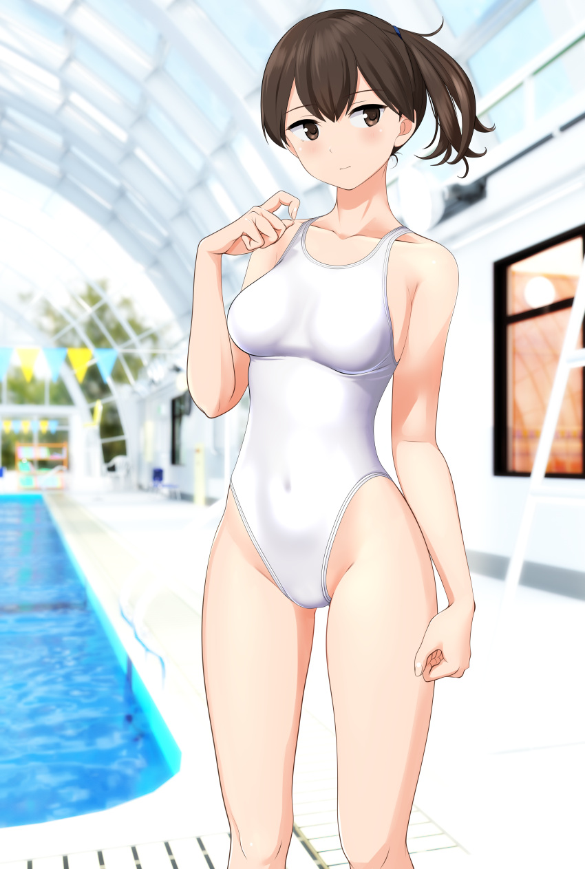 1girl absurdres blurry blurry_background breasts brown_eyes brown_hair commentary_request competition_swimsuit covered_navel cowboy_shot feet_out_of_frame highres indoors kaga_(kancolle) kantai_collection looking_at_viewer medium_breasts medium_hair multicolored_clothes one-piece_swimsuit pool side_ponytail solo standing string_of_flags swimsuit takafumi variant_set white_one-piece_swimsuit window