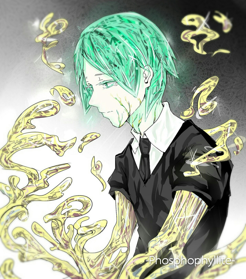 1other androgynous black_necktie colored_eyelashes cracked_skin gem_uniform_(houseki_no_kuni) golden_arms green_eyes green_hair highres houseki_no_kuni molten_metal necktie other_focus pale_skin phosphophyllite profile solo syan_(11037) upper_body