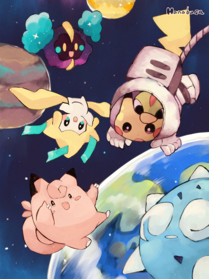 :d :o animal_focus artist_name beak bird clefairy colored_skin commentary_request cosmog earth_(planet) fang green_skin hanabusaoekaki highres jirachi minior minior_(blue_core) minior_(core) natu night night_sky no_humans open_mouth pikachu pink_skin planet pokemon pokemon_(creature) sky smile solid_oval_eyes space sparkle star_(sky) tail tanzaku upside-down white_skin yellow_skin zero_gravity