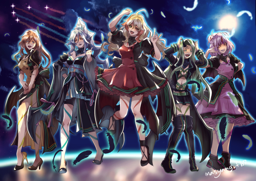 5girls \n/ black_footwear black_jacket black_kimono blonde_hair blue_hair boots bra breasts brown_eyes clenched_hand cloud contrail detached_sleeves double_bun dress green_bra green_eyes hair_between_eyes hair_bun heterochromia high_heels horns jacket japanese_clothes kimono long_hair looking_at_viewer macross macross_delta macross_delta:_zettai_live!!!!!! medium_breasts moon multicolored_hair multiple_girls parted_lips pointing pointing_up ponytail purple_hair purple_jacket red_dress red_eyes red_hair ryu_(masu_nantoka-san) short_hair single_horn sky smile streaked_hair thigh_boots underwear very_long_hair yami_freyja yami_kaname yami_makina yami_q_ray yami_reina yamikumo yellow_dress