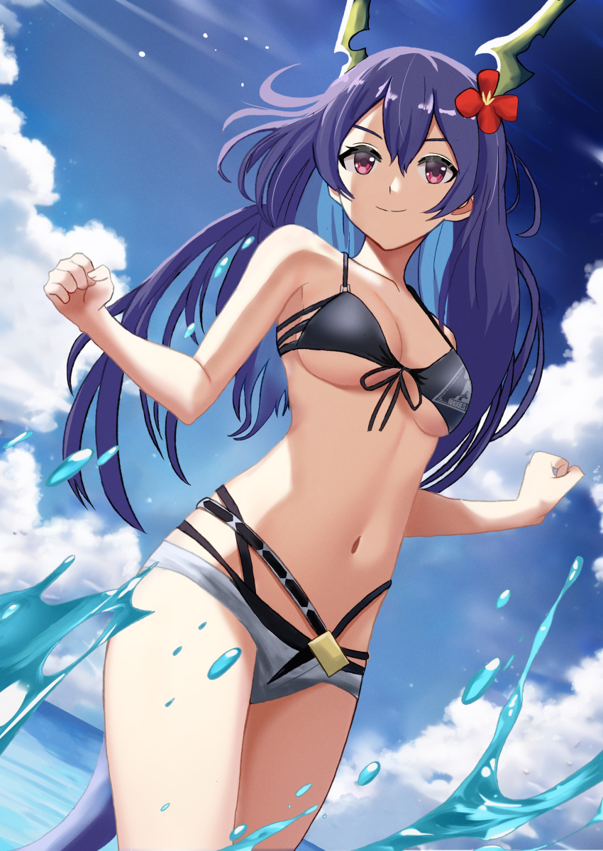 1girl absurdres arknights bangs bare_arms bare_shoulders bikini black_bikini blue_hair blue_sky ch'en_(arknights) ch'en_the_holungday_(arknights) cloud commentary_request cowboy_shot day dragon_horns dragon_tail flower grey_shorts hair_between_eyes hair_flower hair_ornament highres horns kinomiki long_hair looking_at_viewer micro_shorts navel open_fly red_eyes red_flower shorts sky smile solo standing stomach swimsuit tail thighs very_long_hair water
