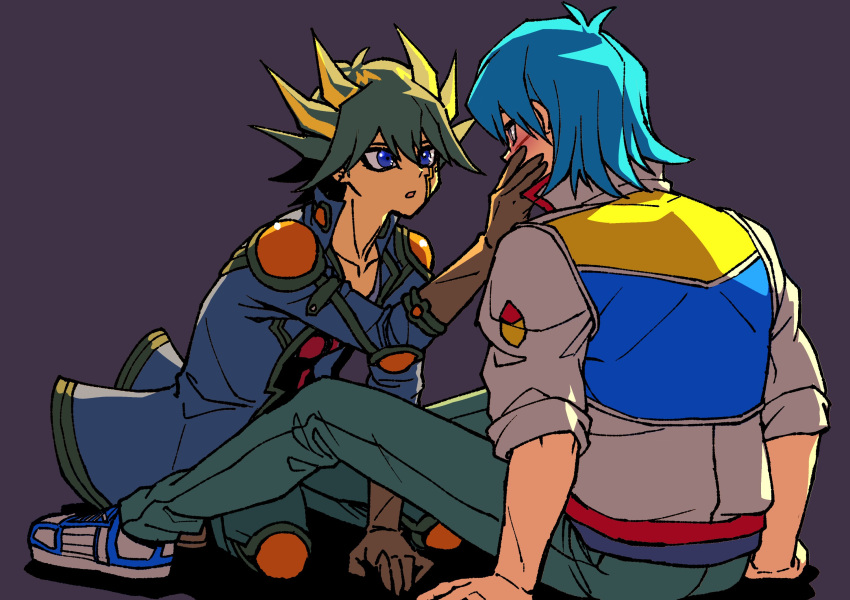2boys between_legs black_hair black_shirt blue_eyes blue_hair blue_jacket blue_shirt blush brown_footwear brown_gloves bruno_(yu-gi-oh!) couple elbow_pads facial_mark facial_tattoo fudou_yuusei gloves grey_background hand_on_another's_cheek hand_on_another's_face hand_on_ground hands_on_ground high_collar highres jacket knee_pads kneeling leaning leaning_forward looking_at_another male_focus marking_on_cheek multicolored_hair multiple_boys open_mouth pants shadow shirt shoes short_hair shoulder_pads simple_background sitting sleeves_rolled_up sneakers spiked_hair streaked_hair tattoo white_footwear white_jacket yaoi youko-shima yu-gi-oh! yu-gi-oh!_5d's
