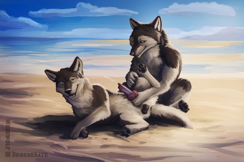 3:2 absurd_res ambiguous_gender animal_genitalia animal_penis anthro anthro_on_feral balls beach bestiality bodily_fluids canid canine canine_genitalia canine_penis canis coyote cum cumshot detailed_background digital_media_(artwork) duo ejaculation erection feral fur genital_fluids genitals hi_res knot male mammal masturbation nature nature_background nude open_mouth orgasm outside outside_sex pawpads paws penile penile_masturbation penis sand sea seaside smile tail water werewolfdegenerate