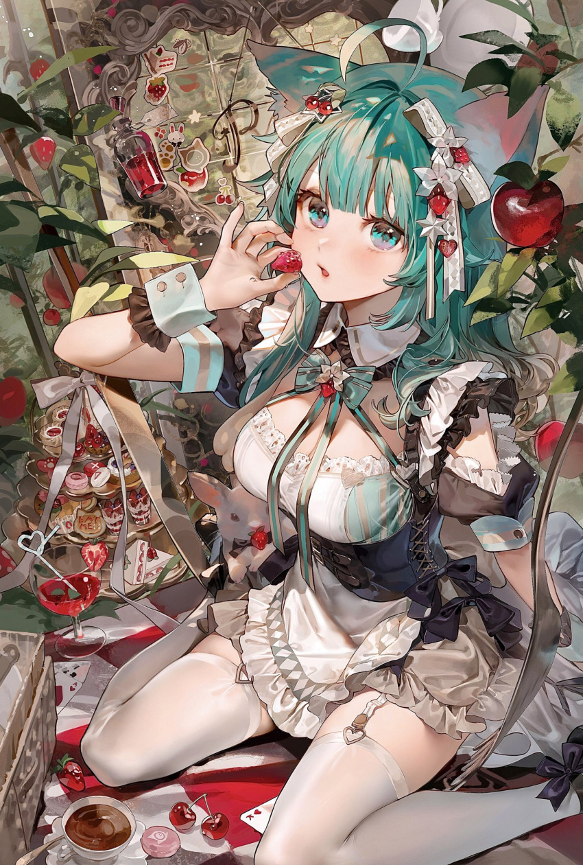1girl ahoge animal_ears apple black_bow black_footwear black_scrunchie blunt_bangs bow bowtie breasts cat_ears cherry collar detached_collar food frilled_skirt frills fruit fruit_hair_ornament garter_straps green_bow green_bowtie green_eyes green_hair highres holding holding_food holding_fruit indoors large_breasts looking_at_viewer medium_hair multicolored_eyes open_mouth original scrunchie short_sleeves sitting skirt strawberry suzumi_(ccroquette) thighhighs wariza white_collar white_skirt white_thighhighs wrist_cuffs zettai_ryouiki