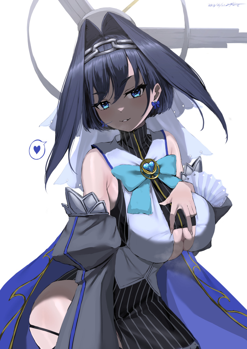 1girl absurdres armpit_crease black_skirt black_sleeves blue_bow blue_eyes blue_hair bow bow_earrings breasts cleavage cleavage_cutout clothing_cutout detached_sleeves earrings halo head_chain heart highres hololive hololive_english jewelry large_breasts looking_at_viewer midnight_(midnightstream3) ouro_kronii ouro_kronii_(1st_costume) short_hair skirt smile spoken_heart spread_cleavage virtual_youtuber