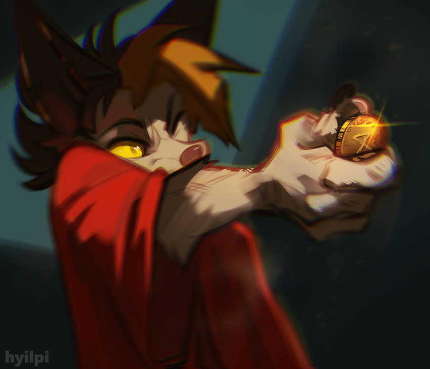 2023 anthro artist_name blurred_character canid canine chromatic_aberration clothing digital_media_(artwork) hi_res holding_coin holding_object hyilpi light lighting mammal red_clothing shaded solo