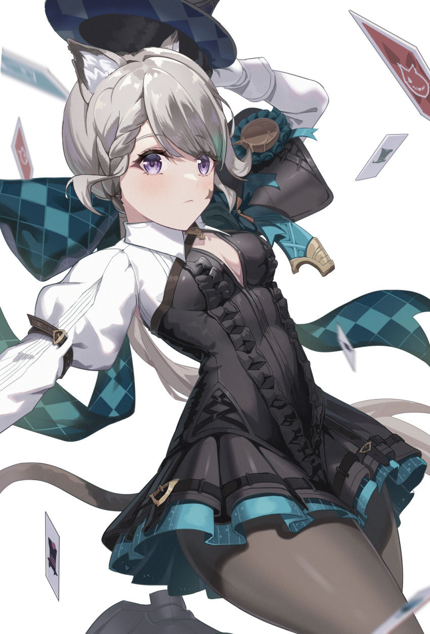 1girl animal_ear_fluff animal_ears aqua_bow black_footwear black_leotard blush bow breasts card cat_ears cat_girl cat_tail cleavage closed_mouth facial_mark frilled_leotard frills genshin_impact gloves grey_hair hat highres holding holding_clothes holding_hat huge_bow leotard long_hair long_sleeves looking_at_viewer lynette_(genshin_impact) medium_breasts pantyhose purple_eyes simple_background solo star_(symbol) star_facial_mark tail thighs top_hat uha white_background