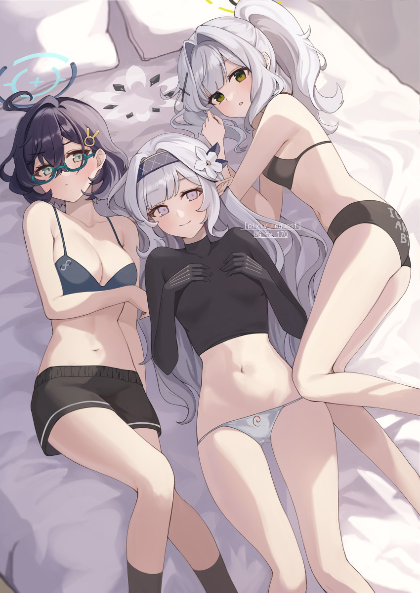 3girls aqua-framed_eyewear bed_sheet black_bra black_panties blue_archive blue_hair bra chihiro_(blue_archive) commission dark_blue_hair flower glasses grey_hair gya_(144) hair_flower hair_intakes hair_ornament halo hare_(blue_archive) highres himari_(blue_archive) looking_at_viewer lying multiple_girls on_back on_bed on_side panties pillow pixiv_commission pointy_ears ponytail underwear underwear_only white_panties