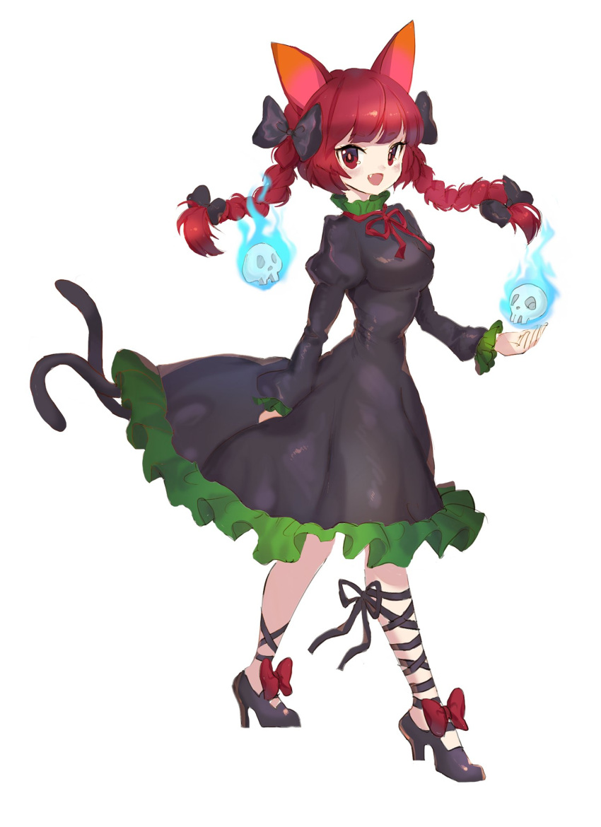 1girl :d animal_ears black_bow black_ribbon blunt_bangs blush bow braid breasts cat_ears cat_tail commentary_request floating_hair floating_skull footwear_bow frills full_body hair_bow hair_ribbon high_heels highres hitodama juliet_sleeves kaenbyou_rin leg_ribbon long_hair long_sleeves medium_breasts multiple_tails nekomata no_socks open_mouth orchid_(pixiv3730518) puffy_sleeves red_bow red_eyes red_hair red_ribbon ribbon simple_background smile solo tail touhou tress_ribbon twin_braids two_tails white_background