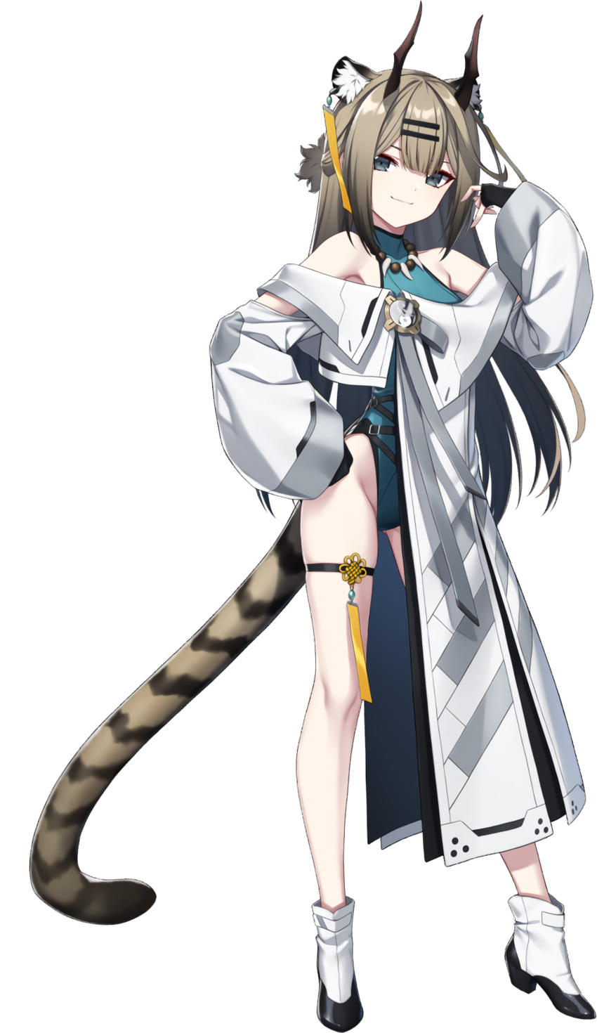 1girl absurdres animal_ears bare_shoulders blue_eyes blunt_bangs character_request counter:side fingerless_gloves full_body gloves highres horns leotard long_hair long_sleeves official_art simple_background solo tachi-e tail tassel transparent