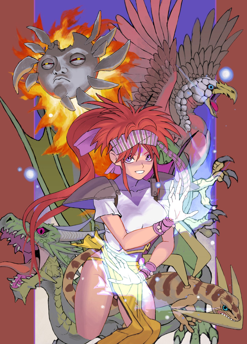 1girl absurdres alisia_dragoon alisia_dragoon_(character) armor ball_o'_fire bird boomerang_lizard breasts dragon dragon_fyre facial_mark forehead_mark headband highres loincloth long_hair looking_at_viewer open_mouth ponytail purple_eyes red_hair short_sleeves shoulder_armor shoulder_pads thunder_raven urasato