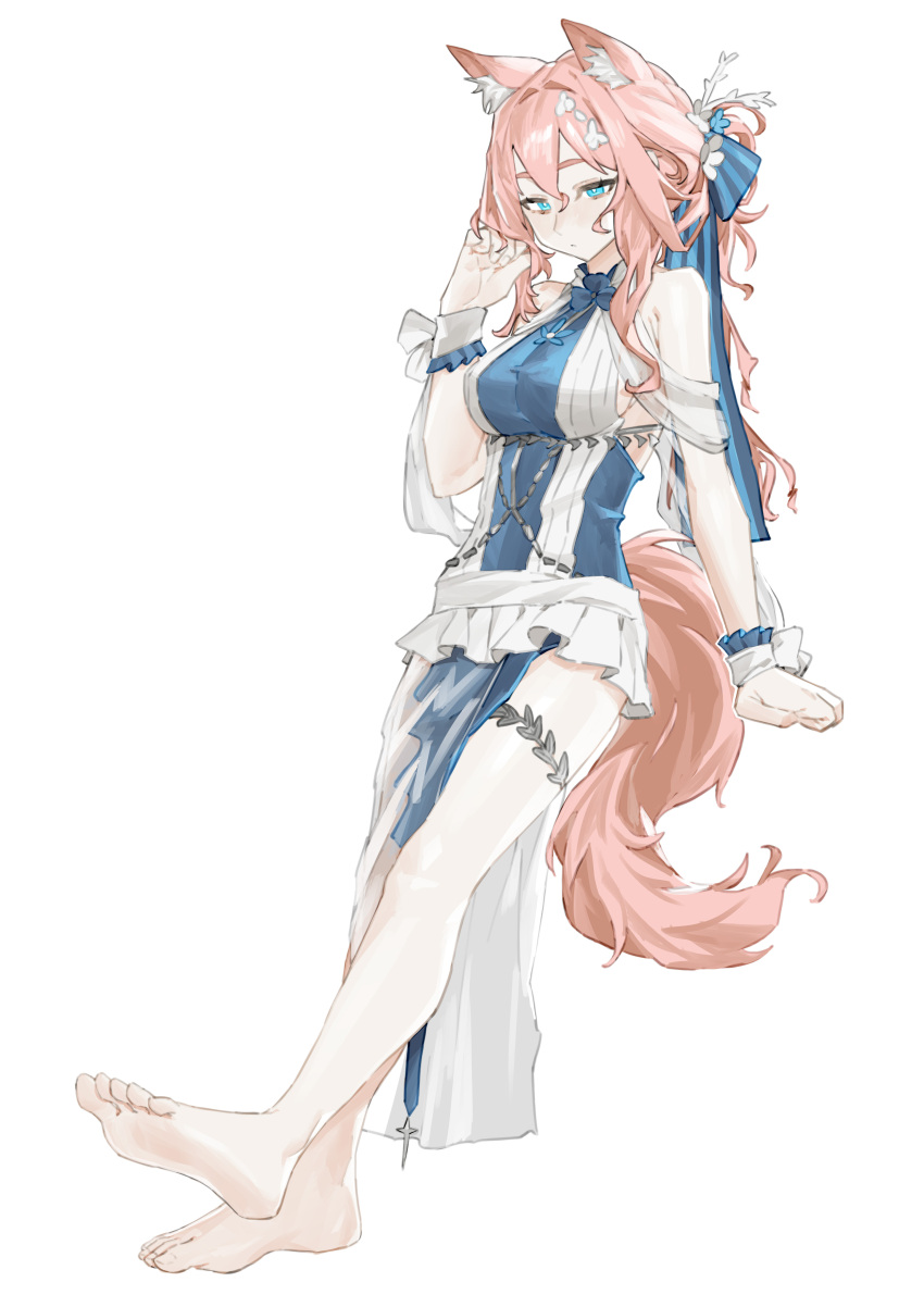 1girl absurdres animal_ears arknights barefoot blue_bow blue_eyes blue_shirt bow breasts cat_ears cat_girl cat_tail feet fluffy hair_bow heidi_(arknights) highres impossible_clothes large_breasts legs pink_hair renxzd shirt simple_background skirt solo striped striped_bow tail thighs toenails toes two-tone_skirt white_background white_shirt white_skirt
