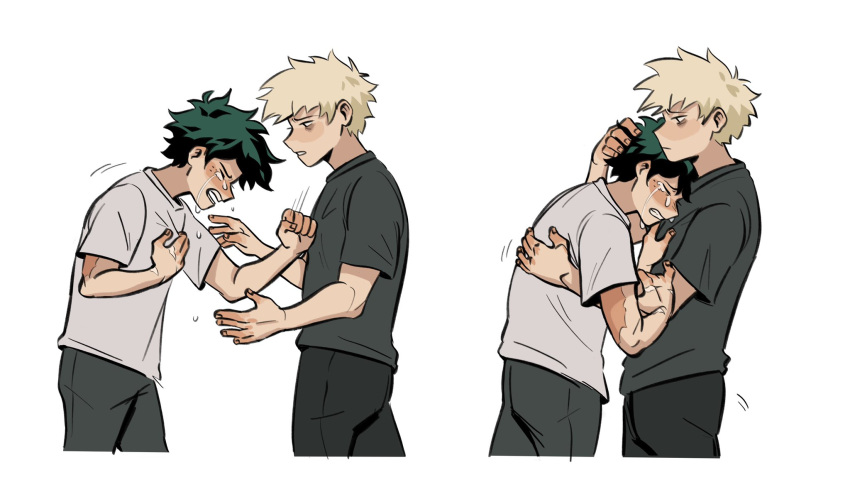 2boys bakugou_katsuki blonde_hair boku_no_hero_academia closed_eyes closed_mouth commentary crying daniartonline english_commentary green_hair grey_shirt hand_on_another's_arm hand_on_another's_back hand_on_another's_chest hand_on_another's_head hand_on_own_chest highres hug looking_at_another male_focus midoriya_izuku multiple_boys open_mouth pants sad scar scar_on_hand shirt short_hair short_sleeves simple_background spiked_hair standing t-shirt tears white_background