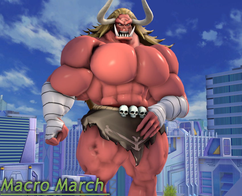 3d_(artwork) blonde_hair bone building city cloud demon digital_media_(artwork) hair horn humanoid long_hair macro male muscular oars_(one_piece) one_piece red_body sam1377 skull sky solo tusks undead zombie