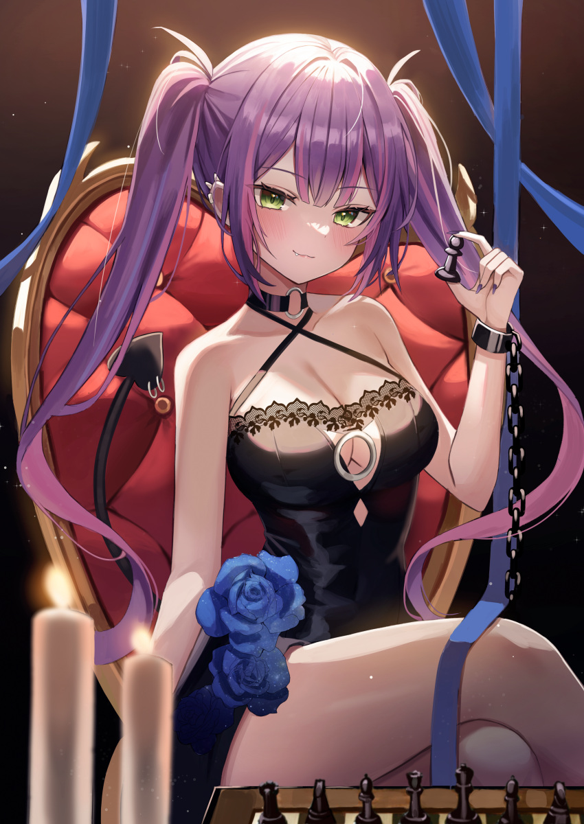 1girl :3 absurdres bare_arms bare_shoulders black_choker black_dress breasts chess_piece chessboard choker cleavage closed_mouth clothing_cutout criss-cross_halter crossed_legs cuffs demon_tail dress ear_piercing fang green_eyes halterneck handcuffs highres holding_chess_piece hololive lace-trimmed_dress lace_trim lingerie long_hair looking_at_viewer multicolored_hair nannung piercing purple_hair sidelocks sitting sleeveless sleeveless_dress smile solo spaghetti_strap streaked_hair string_bra tail tail_raised thighs tokoyami_towa twintails underboob underboob_cutout underwear virtual_youtuber