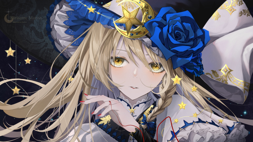 1girl blonde_hair blue_flower braid crescent crescent_hat_ornament eps3rd flower hat hat_flower hat_ornament highres kirisame_marisa long_hair red_nails single_braid solo star_(symbol) star_hat_ornament string string_of_fate touhou upper_body witch_hat yellow_eyes