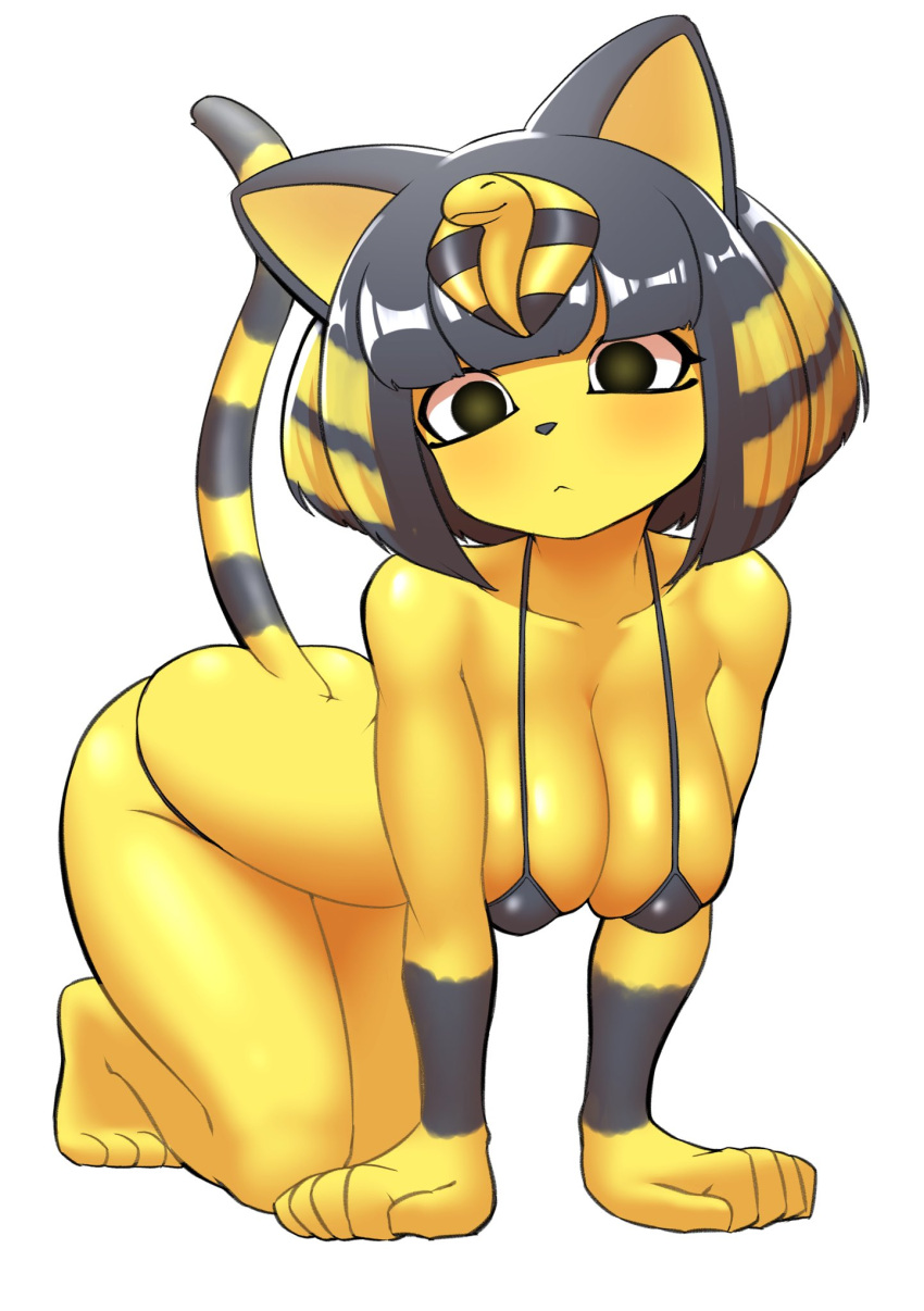 2023 all_fours animal_crossing ankha_(animal_crossing) anthro barefoot big_breasts bikini black_hair blush bob_cut breasts butt clothing collarbone domestic_cat feet felid feline felis female full-length_portrait fur hair hanging_breasts hi_res looking_at_viewer mammal markings nintendo nobunagapero portrait short_hair simple_background solo striped_markings striped_tail stripes swimwear tail tail_markings thick_thighs uraeus white_background yellow_body yellow_fur