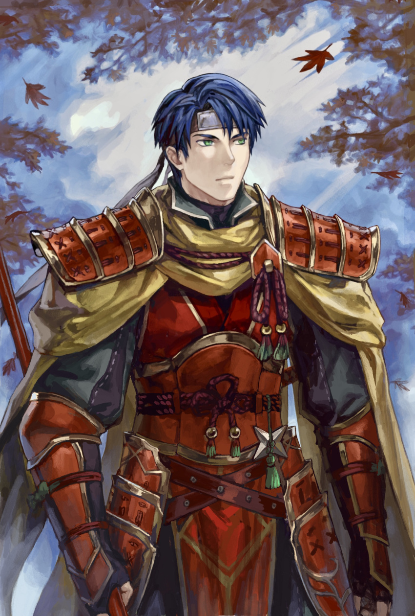 1boy armor blue_hair cape commentary_request falling_leaves fingerless_gloves fire_emblem fire_emblem_heroes forest gloves green_eyes headband highres holding holding_polearm holding_weapon japanese_armor japanese_clothes leaf looking_to_the_side male_focus maple_leaf nature oki_xfourty pelvic_curtain polearm weapon yellow_cape zelgius_(fire_emblem) zelgius_(ninja)_(fire_emblem)