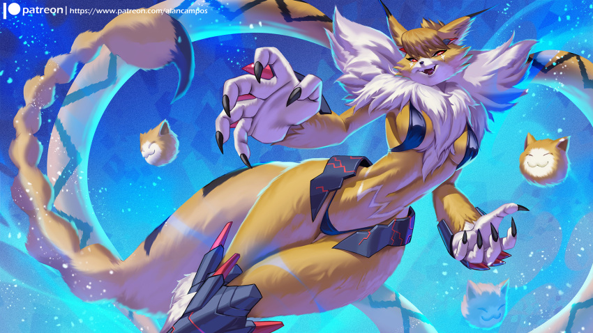 alanscampos anthro bandai_namco breasts digimon digimon_(species) domestic_cat felid feline felis female fur hair hi_res maine_coon mammal meicrackmon orange_body smile solo