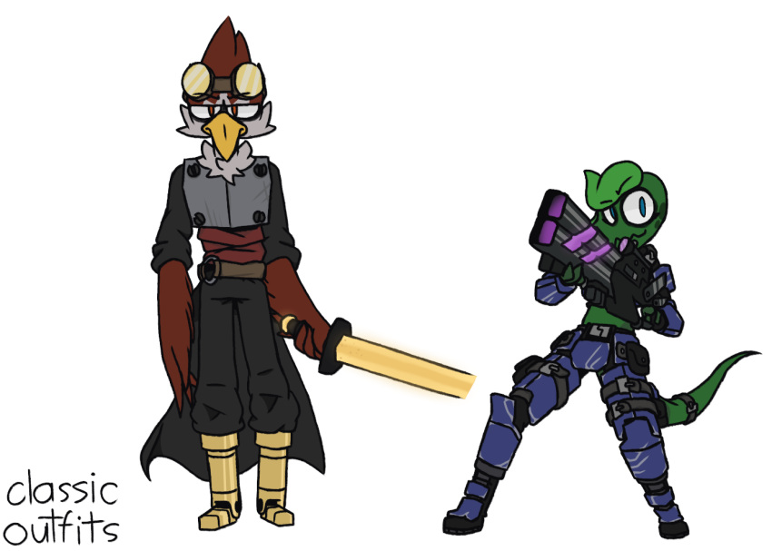 anthro armor avian avian_(starbound) beak belt boots cape cipil_(sevens_artchive) clothing duo eyewear female fingerless_gloves footwear gloves goggles gun handwear lizard male melee_weapon multicolored_body ranged_weapon reptile scalie sevens_artchive simple_background starbound sword text weapon white_background winged_arms wings wyede_(sevens_artchive)