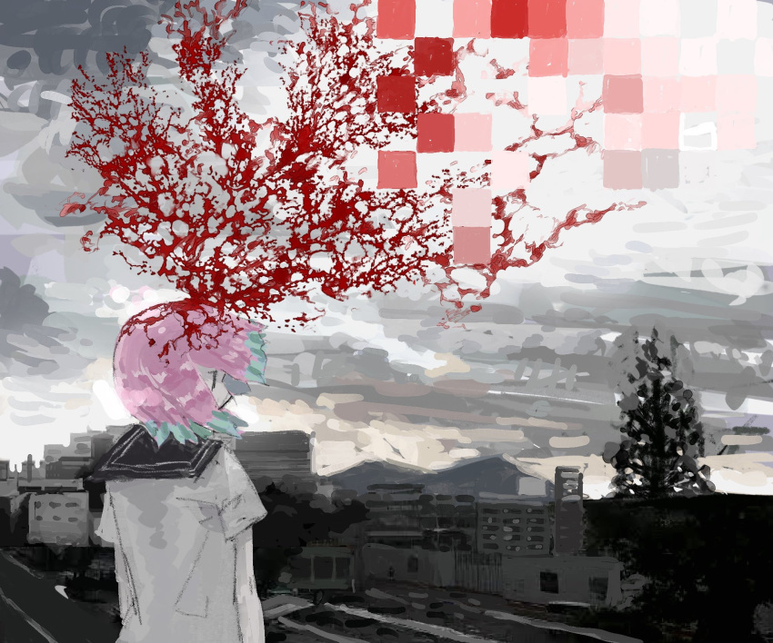 1girl aqua_hair black_sailor_collar blood blood_in_hair blood_spray brutal_vap building colored_skin colored_tips day floating_hair from_behind grey_skin grey_sky highres looking_to_the_side mountainous_horizon multicolored_hair original outdoors pink_hair pixels profile sailor_collar school_uniform serafuku shirt short_hair short_sleeves sky solo surreal town upper_body white_shirt |_|
