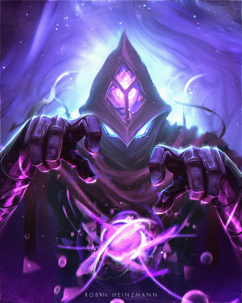 1boy absurdres artist_name artstation_username blue_eyes covered_face elbow_gloves energy_ball english_commentary gloves glowing glowing_eyes glowing_hands gradient_background highres hood league_of_legends light magic male_focus malzahar purple_background purple_eyes purple_gloves purple_hood purple_robe purple_scarf robe robinheinzmann scarf solo third_eye upper_body v-shaped_eyes