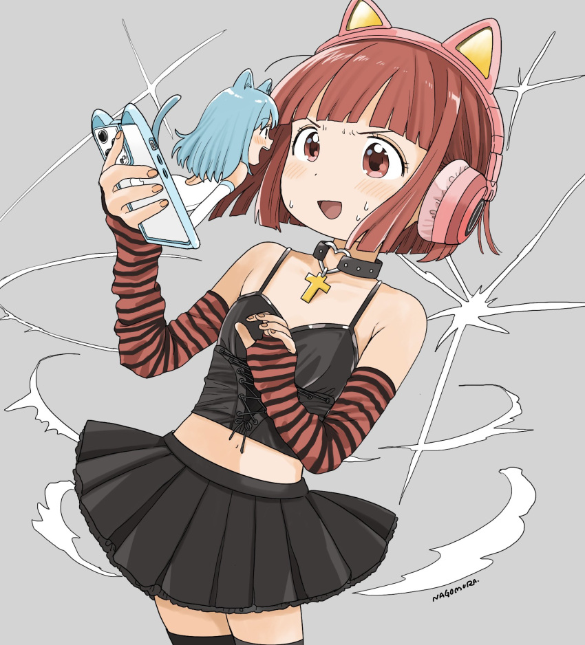 2girls animal_ear_headphones animal_ears armband armpit_crease bare_back bare_shoulders black_arm_warmers black_shirt black_skirt black_thighhighs blue_armband blue_hair blue_tail blunt_bangs blunt_ends cat_ear_headphones cat_ear_smartphone_case cat_ears cat_girl cat_tail cellphone choker colored_inner_animal_ears commentary cowboy_shot cross cross-laced_clothes cross-laced_top cross_necklace detached_sleeves dot_nose eye_contact fake_animal_ears fingerless_gloves flat_chest floating_hair frilled_skirt frills gloves gothic_lolita grey_background headphones heart heart_choker highres holding holding_phone jewelry leaning_back light_blue_hair light_blush lolita_fashion long_hair long_sleeves looking_at_another loose_hair_strand medium_hair midriff mini_person minigirl miniskirt multiple_girls nagomurasan nail_polish navel necklace open_mouth original phone pink_headphones pleated_skirt red_arm_warmers red_eyes red_hair red_nails shirt sidelocks signature skirt sleeveless smartphone smartphone_case smoke spaghetti_strap standing striped_arm_warmers sweat symbol-only_commentary tail thighhighs through_screen v-shaped_eyebrows white_sleeves white_swimsuit zettai_ryouiki