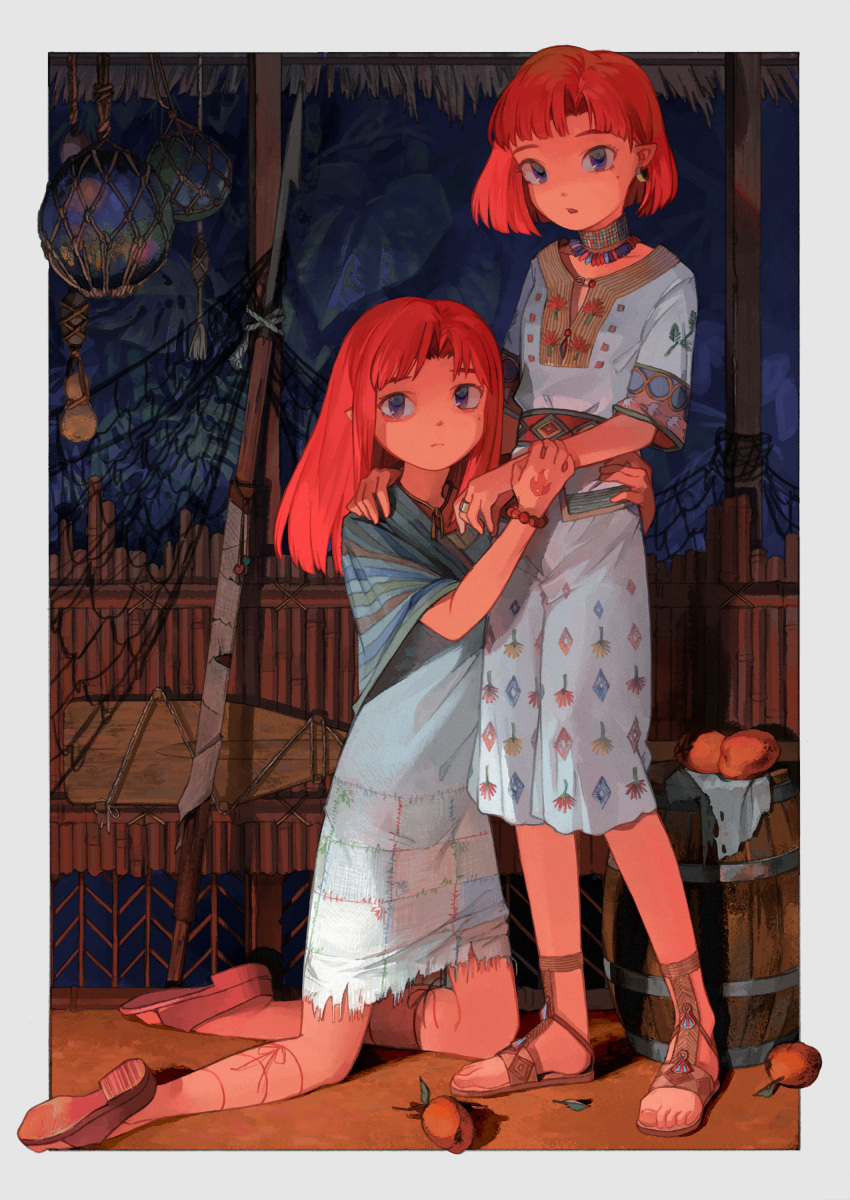 2girls absurdres bare_legs barrel blue_dress blue_eyes border bracelet dress food fruit highres jewelry kneeling kumomachi long_hair looking_at_viewer mole mole_under_eye multiple_girls necklace original patchwork_clothes pointy_ears print_dress red_hair ring sandals short_hair short_sleeves siblings sisters standing twins white_border