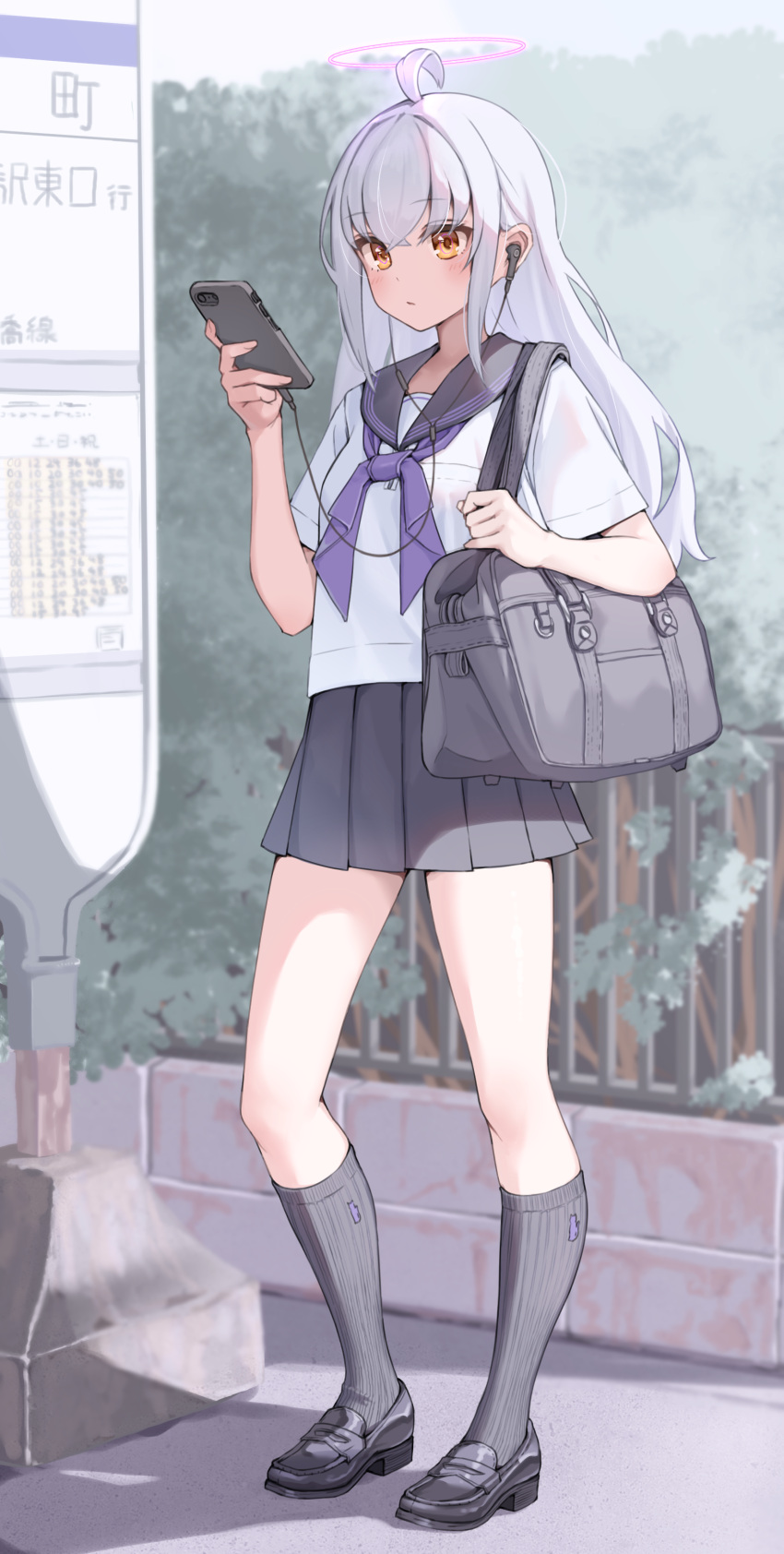 1girl absurdres ahoge bag black_footwear black_sailor_collar black_skirt blush brown_eyes bus_stop bus_stop_sign cellphone closed_mouth commentary_request earbuds earphones grey_hair grey_socks halo hand_up highres holding holding_phone kopaka_(karda_nui) loafers long_hair original phone pleated_skirt ribbed_legwear sailor_collar school_bag school_uniform serafuku shirt shoes short_sleeves skirt socks solo very_long_hair white_shirt