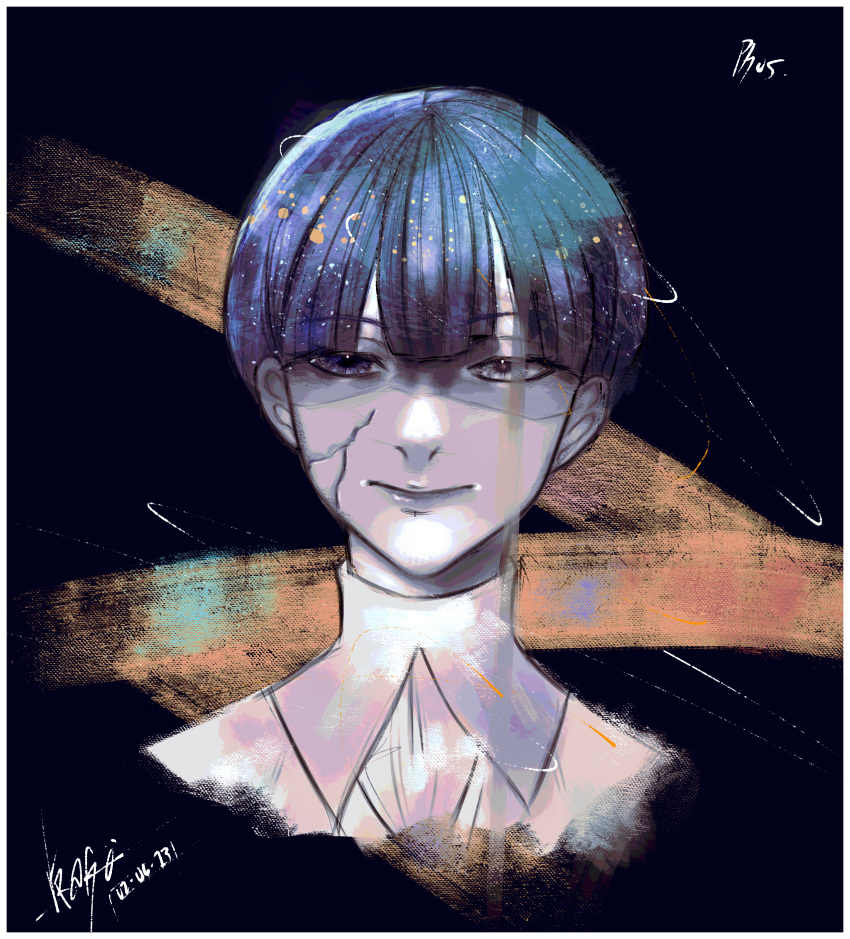 1other absurdres androgynous blue_hair blunt_bangs colored_eyelashes colored_skin cracked_skin fragoletta gold heterochromia highres houseki_no_kuni md5_mismatch moon_uniform_(houseki_no_kuni) phosphophyllite_(ll) portrait shirt smile solo white_eyes white_shirt