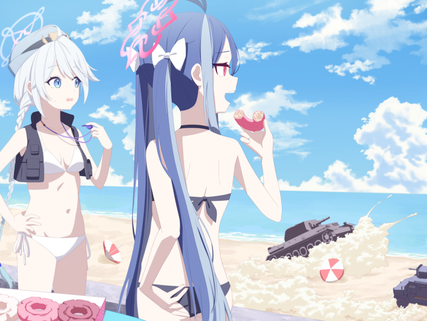 2girls :d absurdres aimpoleume alternate_costume antenna_hair ass bare_back beach beach_umbrella bikini black_bikini black_hair blue_archive blue_eyes blue_sky blurry bow braid breasts cleavage cloud cloudy_sky commentary_request depth_of_field doughnut food fubuki_(blue_archive) groin hair_between_eyes hair_bow hair_ribbon halo hat highres holding holding_food holding_whistle horizon kirino_(blue_archive) long_hair looking_at_another low_twin_braids low_twintails medium_breasts military_vehicle motor_vehicle multicolored_hair multiple_girls navel ocean outdoors pastry_box police police_hat police_uniform policewoman red_eyes ribbon side-tie_bikini_bottom sidelocks sky sleeveless smile stomach streaked_hair swimsuit tank twin_braids twintails two-tone_hair umbrella uniform whistle whistle_around_neck white_bikini white_hair