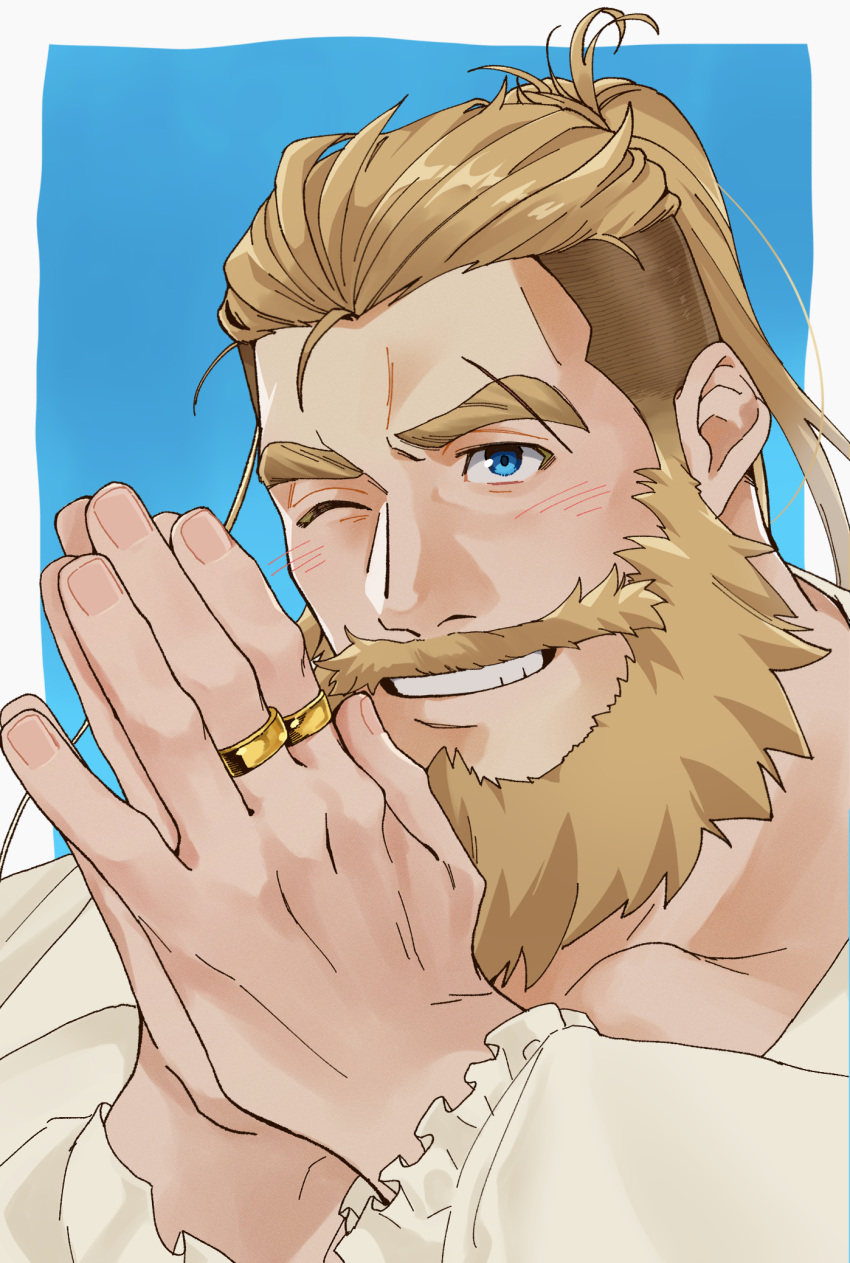 1boy apologizing bara beard bergamond_(crave_saga) crave_saga eyebrow_cut facial_hair hands_up highres jewelry light_blush long_hair male_focus mature_male multiple_rings one_eye_closed own_hands_together palms_together ponytail ring shirt solo thick_eyebrows thick_mustache undercut upper_body usuki_(usukine1go)