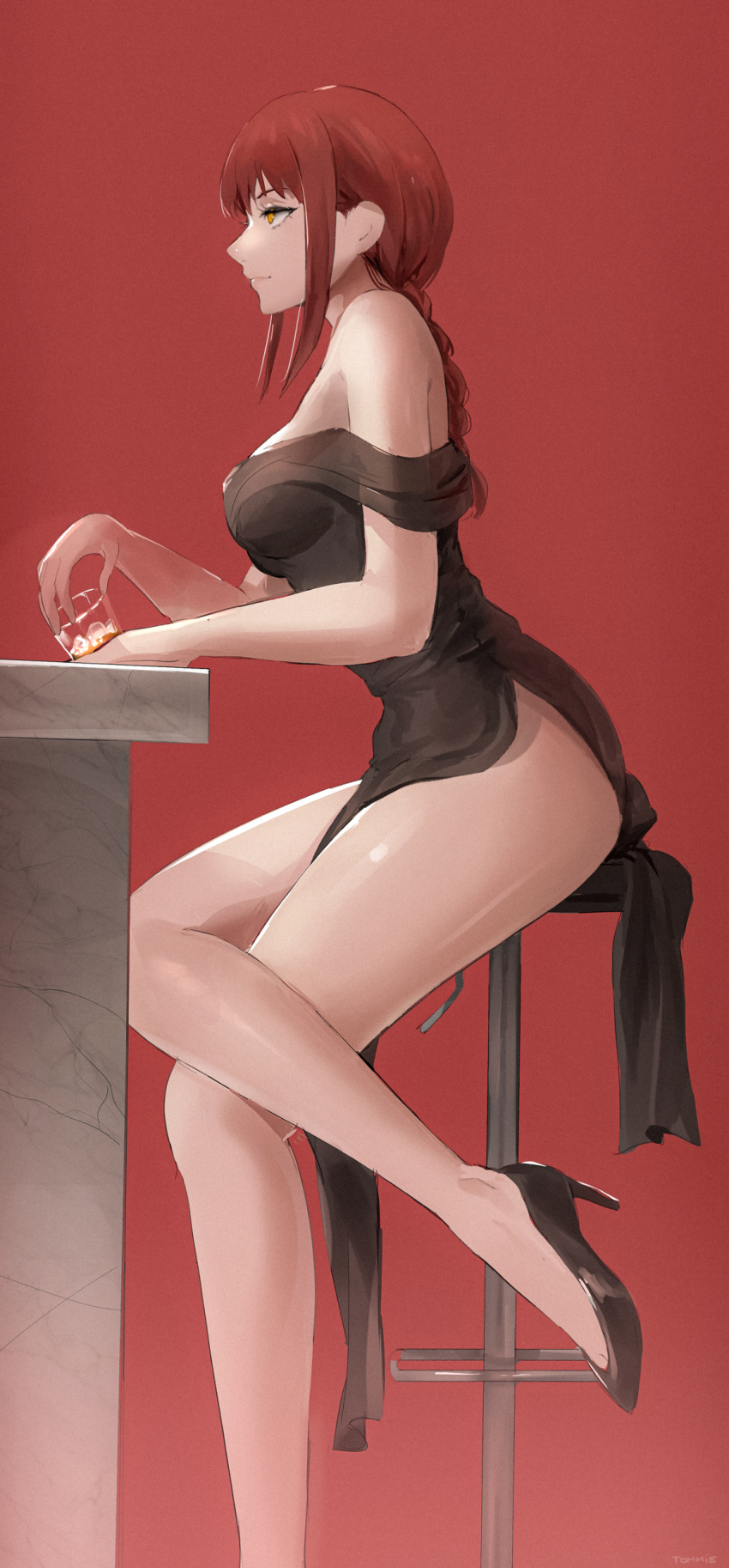 1girl absurdres bare_shoulders black_dress braid braided_ponytail breasts chainsaw_man commentary crossed_legs dress drink high_heels highres holding holding_drink long_hair makima_(chainsaw_man) medium_breasts red_background red_hair ringed_eyes sidelocks sitting smile solo thighs tommy_(kingdukeee) yellow_eyes